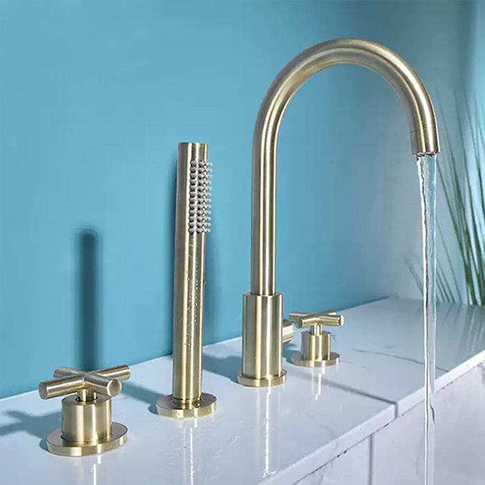 ST-04005BG 무광 골드 금색 금장 4홀 대붙이 데크형 폭포 욕조 샤워 수전 수도꼭지