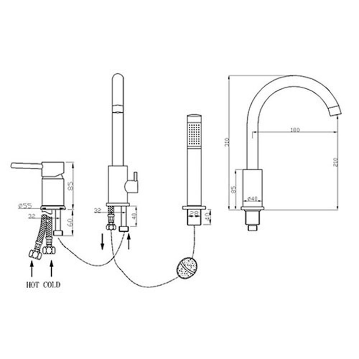 ST-03050NB 니켈 무광 스텐 3홀 데크형 욕조 샤워 수도꼭지 수전
